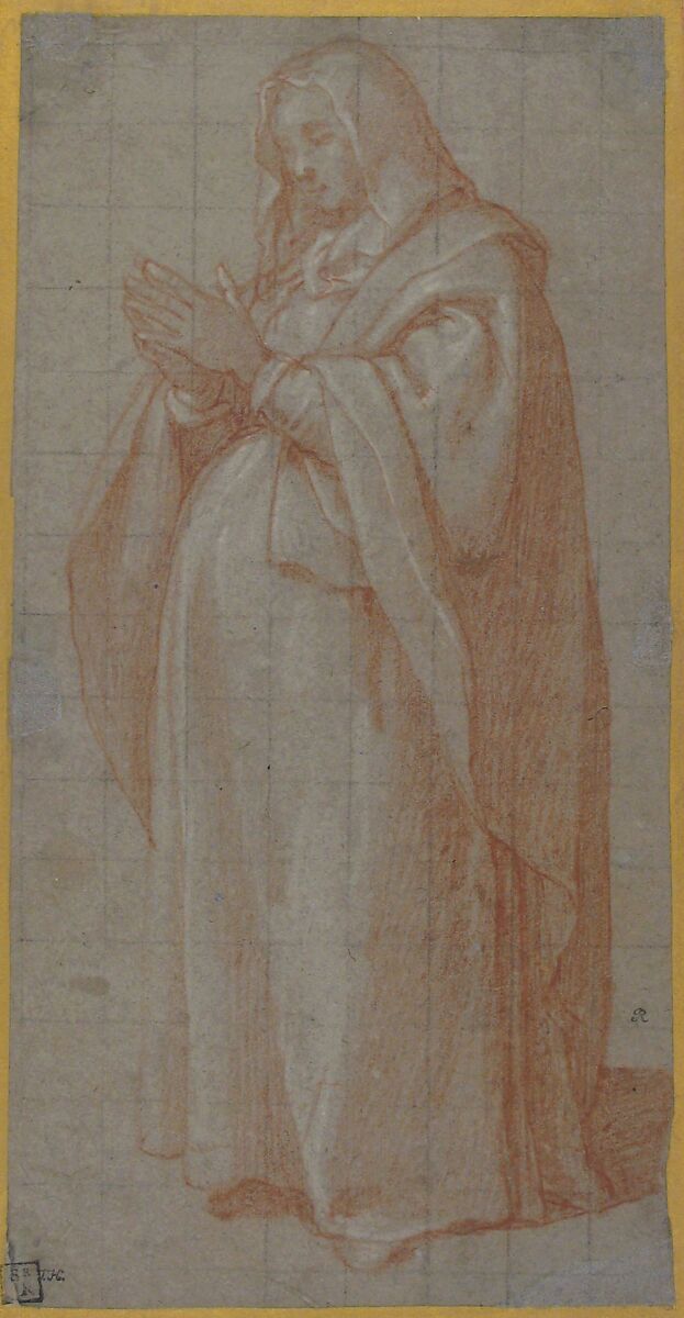 Standing Pregnant Woman (Study for the Pregnant Virgin Mary), Bartolomeo Cesi (Italian, Bologna 1556–1629 Bologna), Red chalk, highlighted with white; squared in black chalk