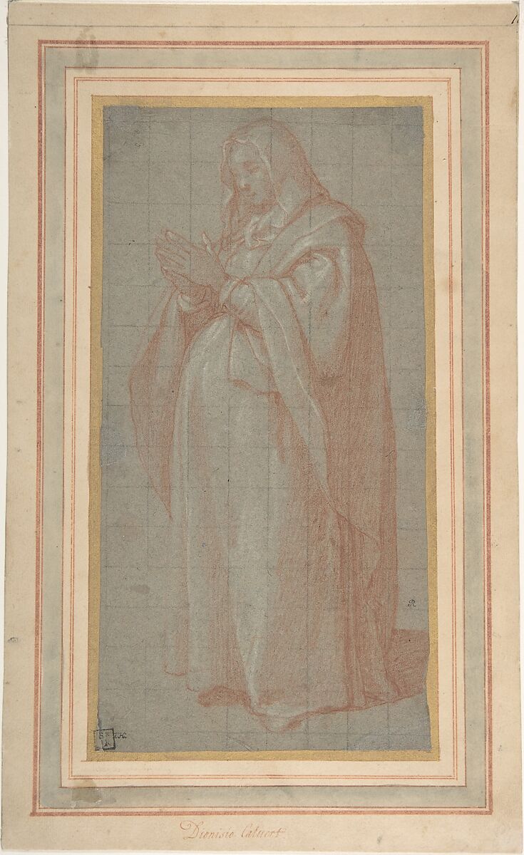 Standing Pregnant Woman (Study for the Pregnant Virgin Mary), Bartolomeo Cesi (Italian, Bologna 1556–1629 Bologna), Red chalk, highlighted with white, on blue paper; squared in black chalk 