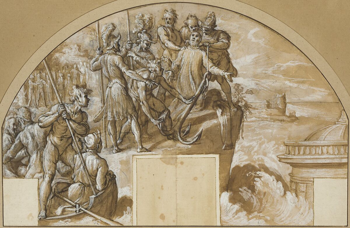 The Martyrdom of Saint Clement I, Pope, Agostino Ciampelli (Italian, Florence 1565–1630 Rome), Pen and brown ink, brush and brown wash, highlighted with white, over black chalk, on brownish paper 