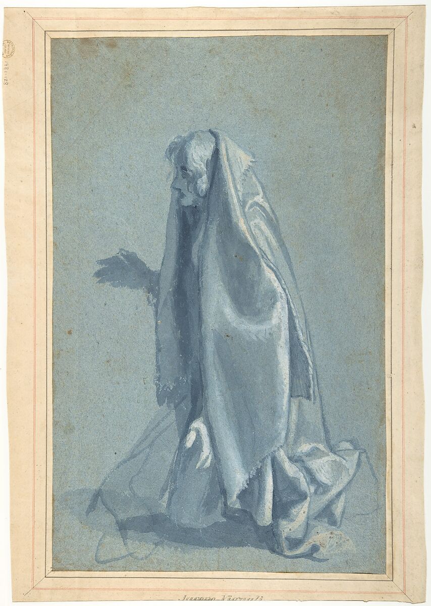 Study for a Male Figure Lowered into a Grave (recto); Kneeling Female Figure in Profile to Left (verso), Cigoli (Ludovico Cardi) (Italian, Castello di Cigoli 1559–1613 Rome), Point of brush and blue wash, heightened with white, over black chalk, on blue paper