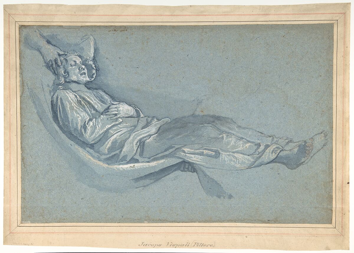 Study for a Male Figure Lowered into a Grave (recto); Kneeling Female Figure in Profile to Left (verso), Cigoli (Ludovico Cardi) (Italian, Castello di Cigoli 1559–1613 Rome), Point of brush and blue wash, heightened with white, over black chalk, on blue paper 