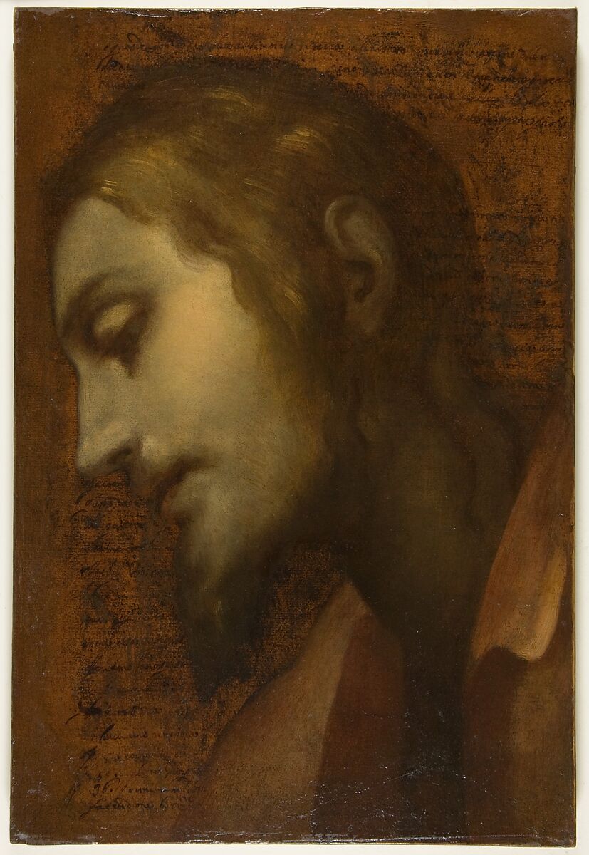 Head of Christ, Cigoli (Ludovico Cardi) (Italian, Castello di Cigoli 1559–1613 Rome), Oil paint on a sheet of paper that had previous writing by the artist in pen and brown ink  (surface varnished) 