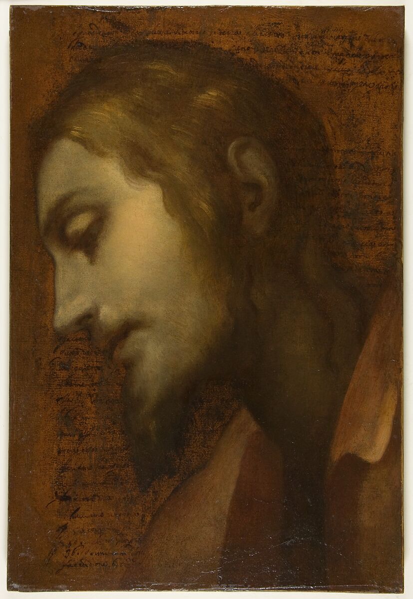 Head of Christ, Cigoli (Ludovico Cardi)  Italian, Oil paint on a sheet of paper that had previous writing by the artist in pen and brown ink  (surface varnished)