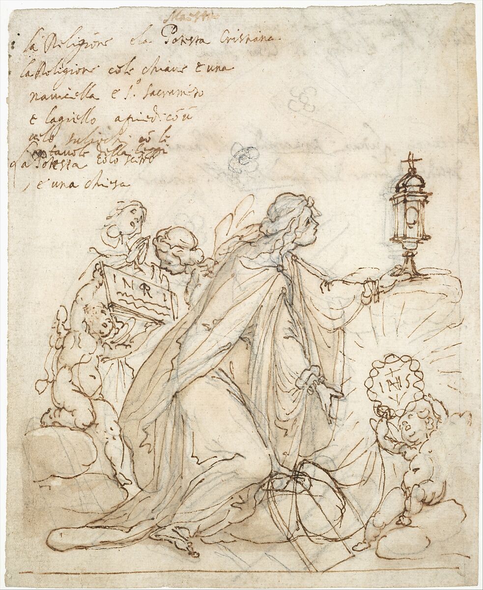 Religion Kneeling before a Monstrance, Attended by Putti, Cigoli (Ludovico Cardi) (Italian, Castello di Cigoli 1559–1613 Rome), Pen and brown ink, brush and brown wash, over black chalk