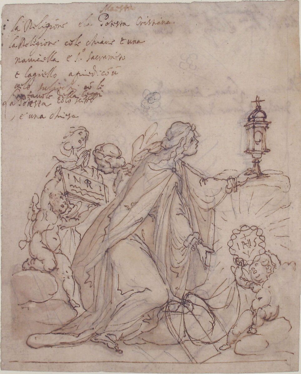 Religion Kneeling before a Monstrance, Attended by Putti, Cigoli (Ludovico Cardi) (Italian, Castello di Cigoli 1559–1613 Rome), Pen and brown ink, brush and brown wash, over black chalk