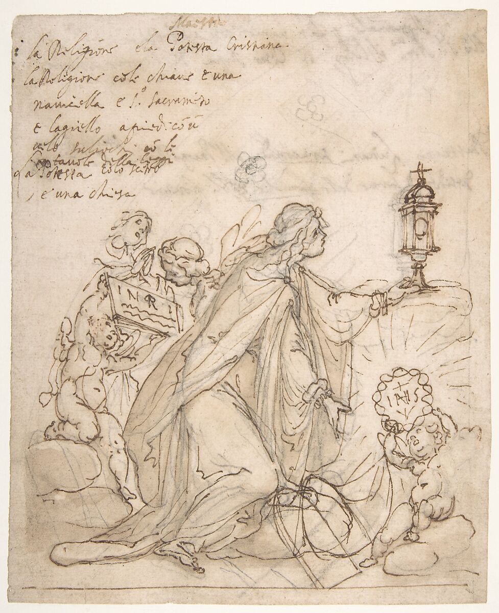 Religion Kneeling before a Monstrance, Attended by Putti, Cigoli (Ludovico Cardi) (Italian, Castello di Cigoli 1559–1613 Rome), Pen and brown ink, brush and brown wash, over black chalk 