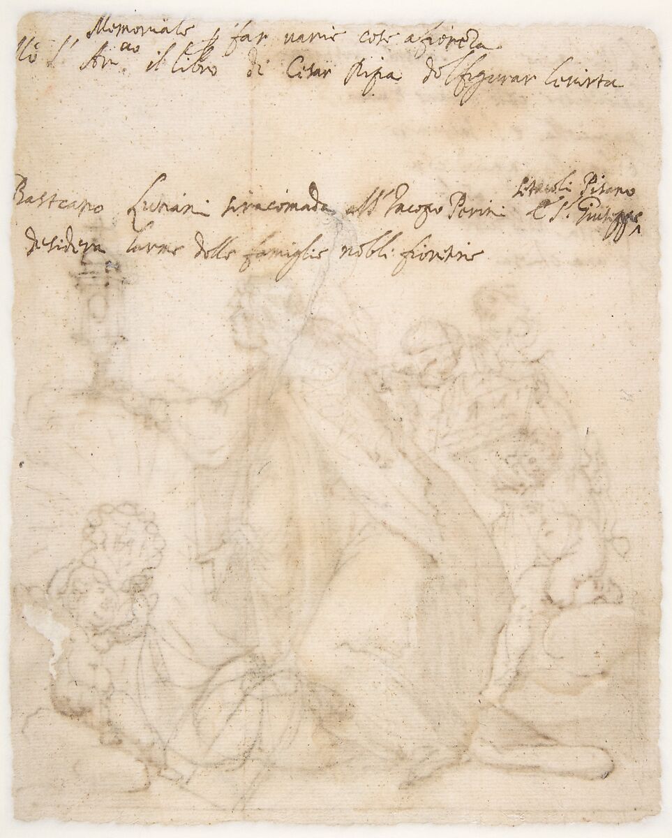 Religion Kneeling before a Monstrance, Attended by Putti, Cigoli (Ludovico Cardi) (Italian, Castello di Cigoli 1559–1613 Rome), Pen and brown ink, brush and brown wash, over black chalk