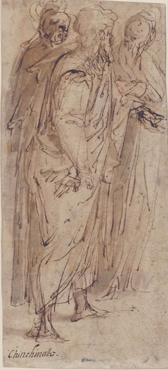 Three Standing Male Figures (recto); Two Standing Male Figures (verso), Romulo Cincinnato (Italian, Florence ca. 1540–1597/98 Madrid), Pen and brown ink, brush and brown wash (recto); pen and brown ink, over traces of black chalk (verso)