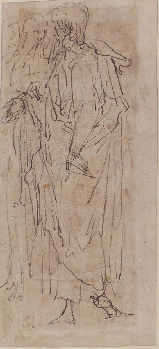 Three Standing Male Figures (recto); Two Standing Male Figures (verso), Romulo Cincinnato (Italian, Florence ca. 1540–1597/98 Madrid), Pen and brown ink, brush and brown wash (recto); pen and brown ink, over traces of black chalk (verso)