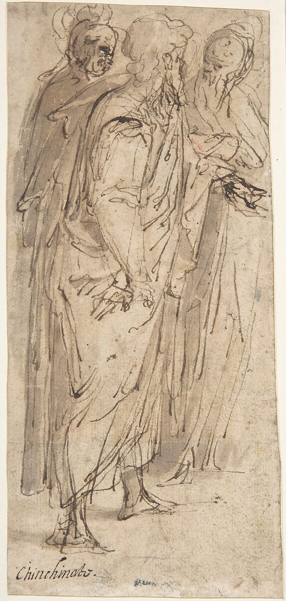 Three Standing Male Figures (recto); Two Standing Male Figures (verso), Romulo Cincinnato (Italian, Florence ca. 1540–1597/98 Madrid), Pen and brown ink, brush and brown wash (recto); pen and brown ink, over traces of black chalk (verso) 
