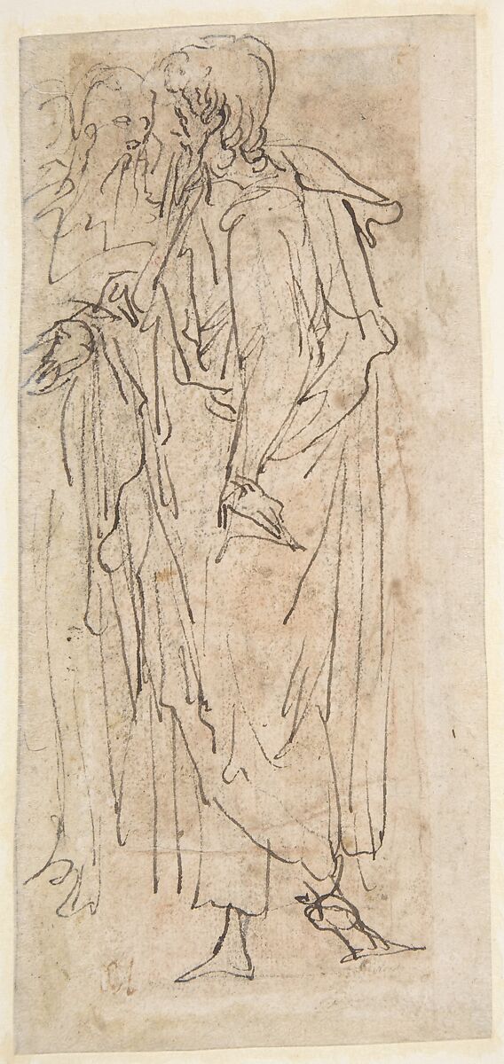 Three Standing Male Figures (recto); Two Standing Male Figures (verso), Romulo Cincinnato (Italian, Florence ca. 1540–1597/98 Madrid), Pen and brown ink, brush and brown wash (recto); pen and brown ink, over traces of black chalk (verso)