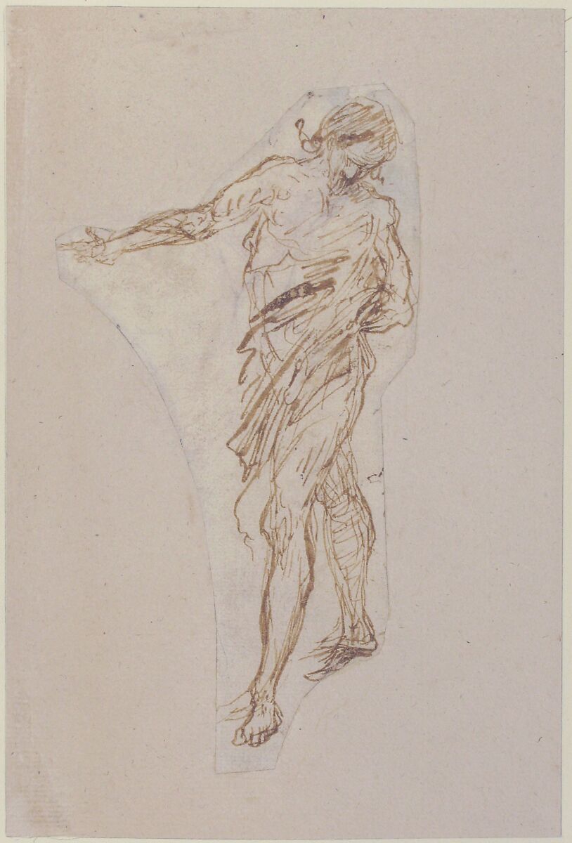 Standing Male Figure with Right Arm Extended (recto); Seated Male Figure (verso), Romulo Cincinnato (Italian, Florence ca. 1540–1597/98 Madrid), Pen and brown ink (recto); seated male figure in pen and brown ink (in part cut off) (verso)