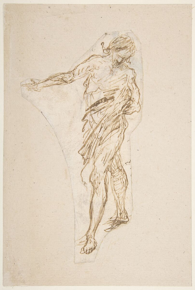 Standing Male Figure with Right Arm Extended (recto); Seated Male Figure (verso), Romulo Cincinnato (Italian, Florence ca. 1540–1597/98 Madrid), Pen and brown ink (recto); seated male figure in pen and brown ink (in part cut off) (verso) 