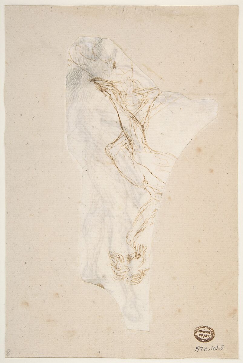 Standing Male Figure with Right Arm Extended (recto); Seated Male Figure (verso), Romulo Cincinnato (Italian, Florence ca. 1540–1597/98 Madrid), Pen and brown ink (recto); seated male figure in pen and brown ink (in part cut off) (verso)