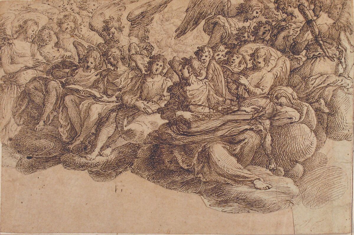 Music-Making Angels Seated on Clouds, Andrea Commodi (Italian, Florence 1560–1638 Florence), Pen and brown ink, on beige paper