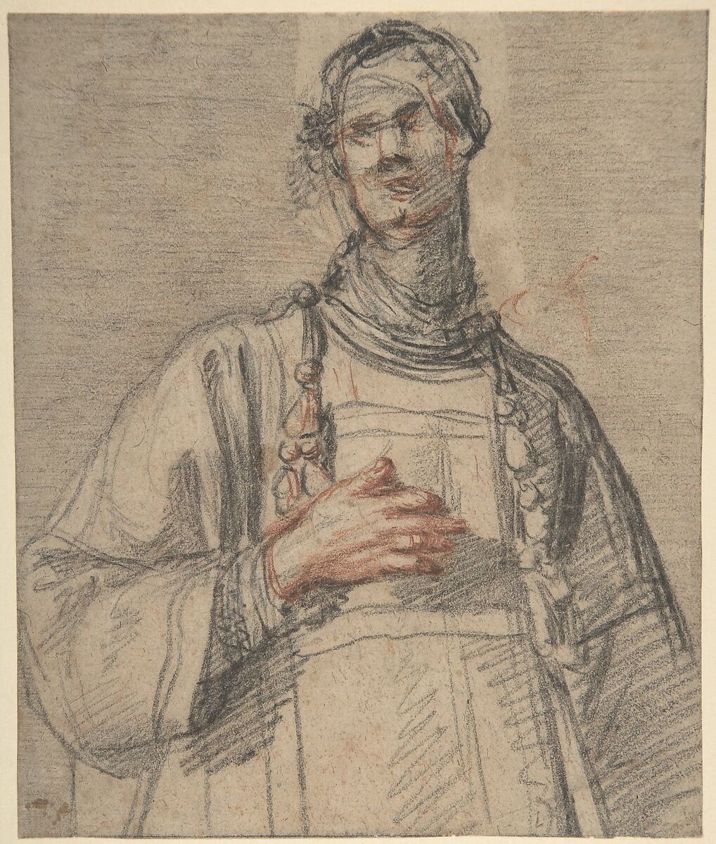 Figure of a Cleric in Half-Length, Jacopo Confortini (Italian, Florence 1602–1672 Florence), Red and black chalk, on gray-beige paper 