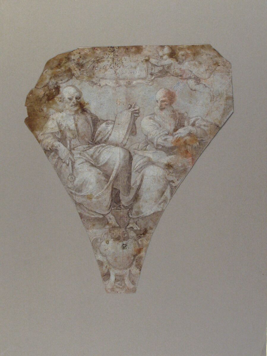 Study for a Pendentive: Figures of Saint Peter and Saint Paul, Belisario Corenzio (Italian (born Greece),  Achaea 1558–1646 Esperia, Lazio), Brush and brown wash, highlighted with white, on blue paper