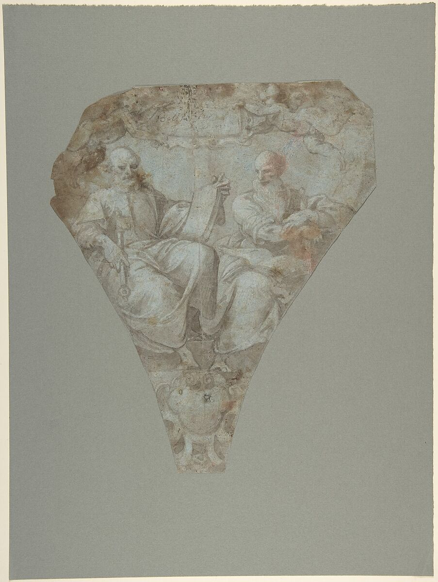Study for a Pendentive: Figures of Saint Peter and Saint Paul, Belisario Corenzio (Italian (born Greece),  Achaea 1558–1646 Esperia, Lazio), Brush and brown wash, highlighted with white, on blue paper 