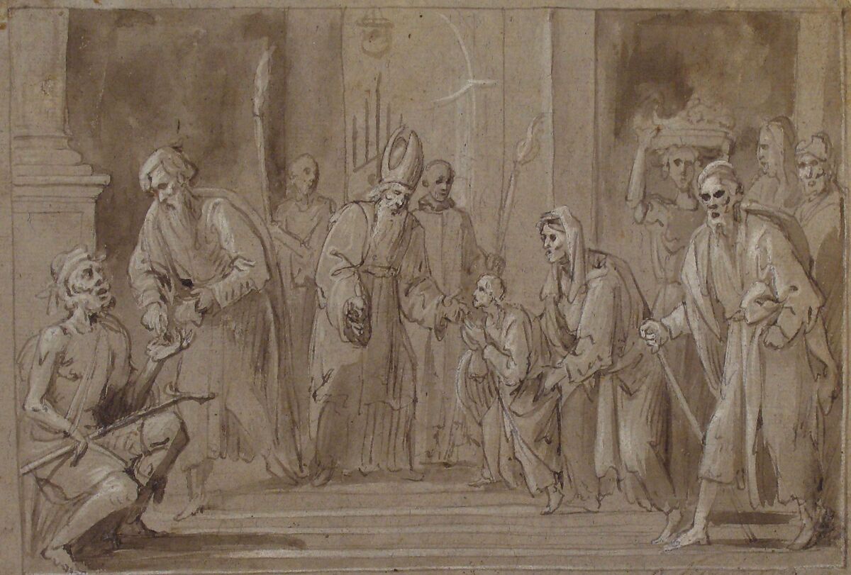 The Presentation of the Virgin in the Temple, Belisario Corenzio (Italian (born Greece),  Achaea 1558–1646 Esperia, Lazio), Pen and brown ink, brush and brown wash, highlighted with white, on gray-green paper