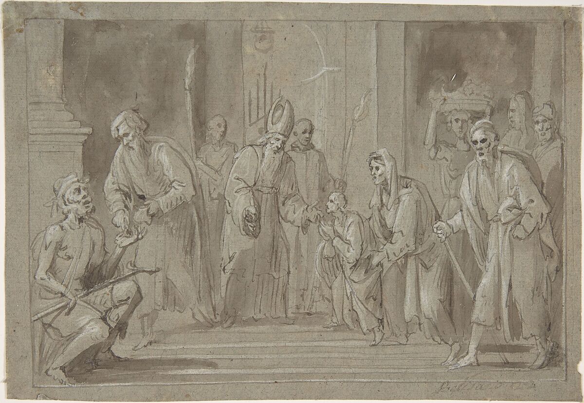 The Presentation of the Virgin in the Temple, Belisario Corenzio (Italian (born Greece),  Achaea 1558–1646 Esperia, Lazio), Pen and brown ink, brush and brown wash, highlighted with white, on gray-green paper 