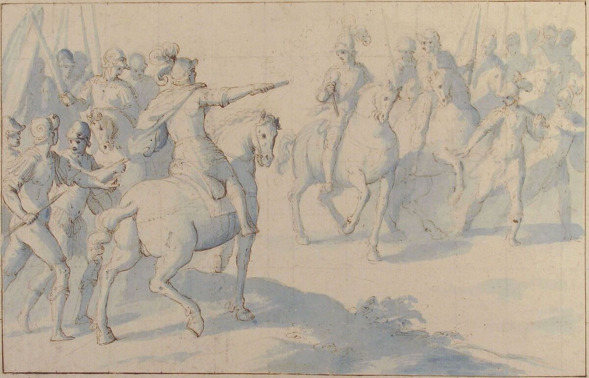 Mounted Warrior with a Baton Giving Orders to His Troops, Belisario Corenzio (Italian (born Greece),  Achaea 1558–1646 Esperia, Lazio), Pen and brown ink, brush and blue wash, over black chalk. Squared in black chalk