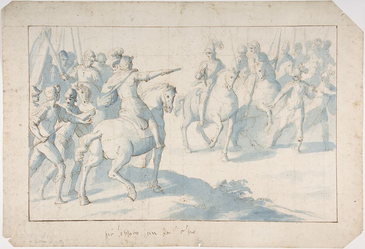 Mounted Warrior with a Baton Giving Orders to His Troops, Belisario Corenzio (Italian (born Greece),  Achaea 1558–1646 Esperia, Lazio), Pen and brown ink, brush and blue wash, over black chalk. Squared in black chalk 