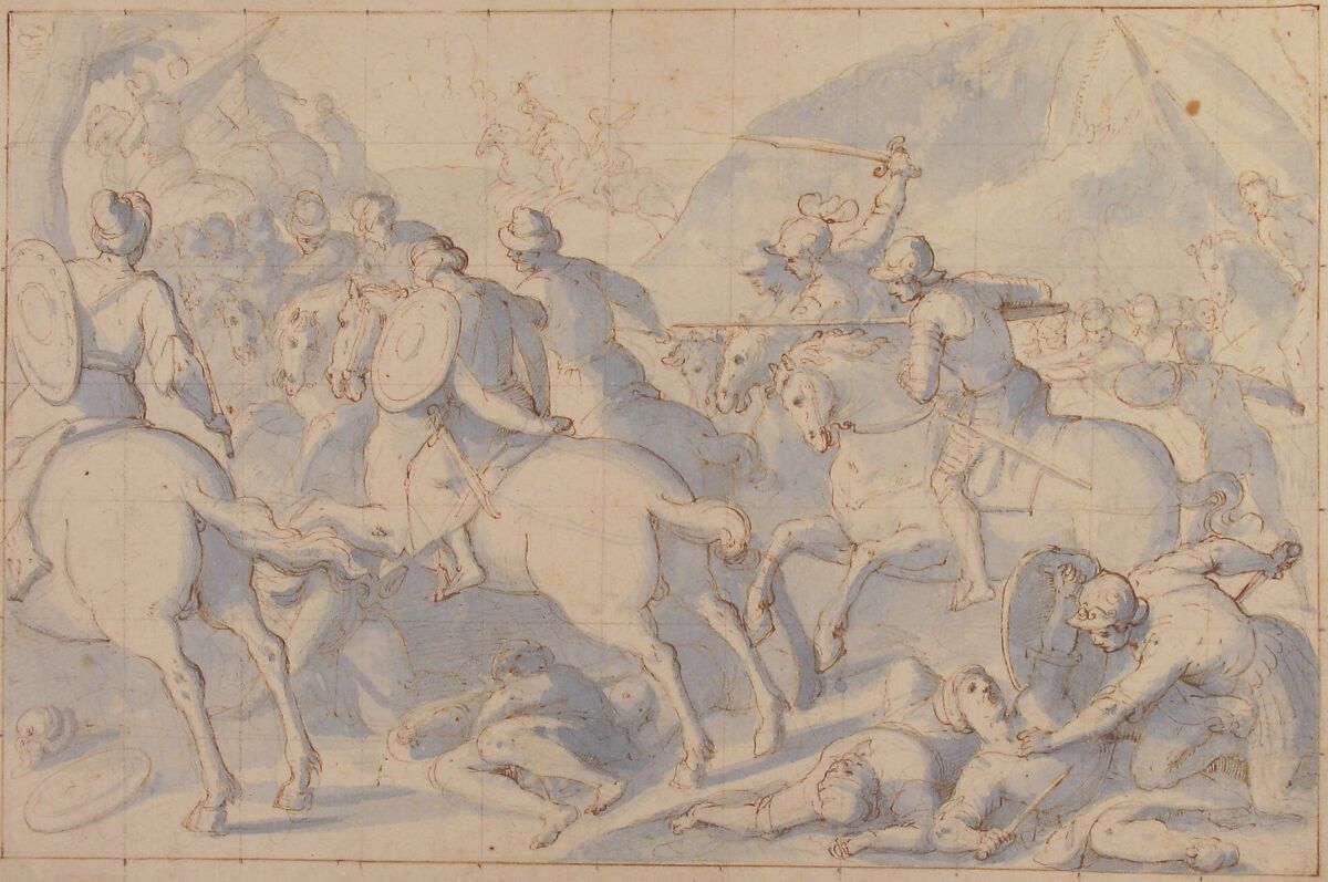 Battle Scene, Belisario Corenzio (Italian (born Greece),  Achaea 1558–1646 Esperia, Lazio), Pen and brown ink, brush and blue wash, over black chalk; squared in black chalk