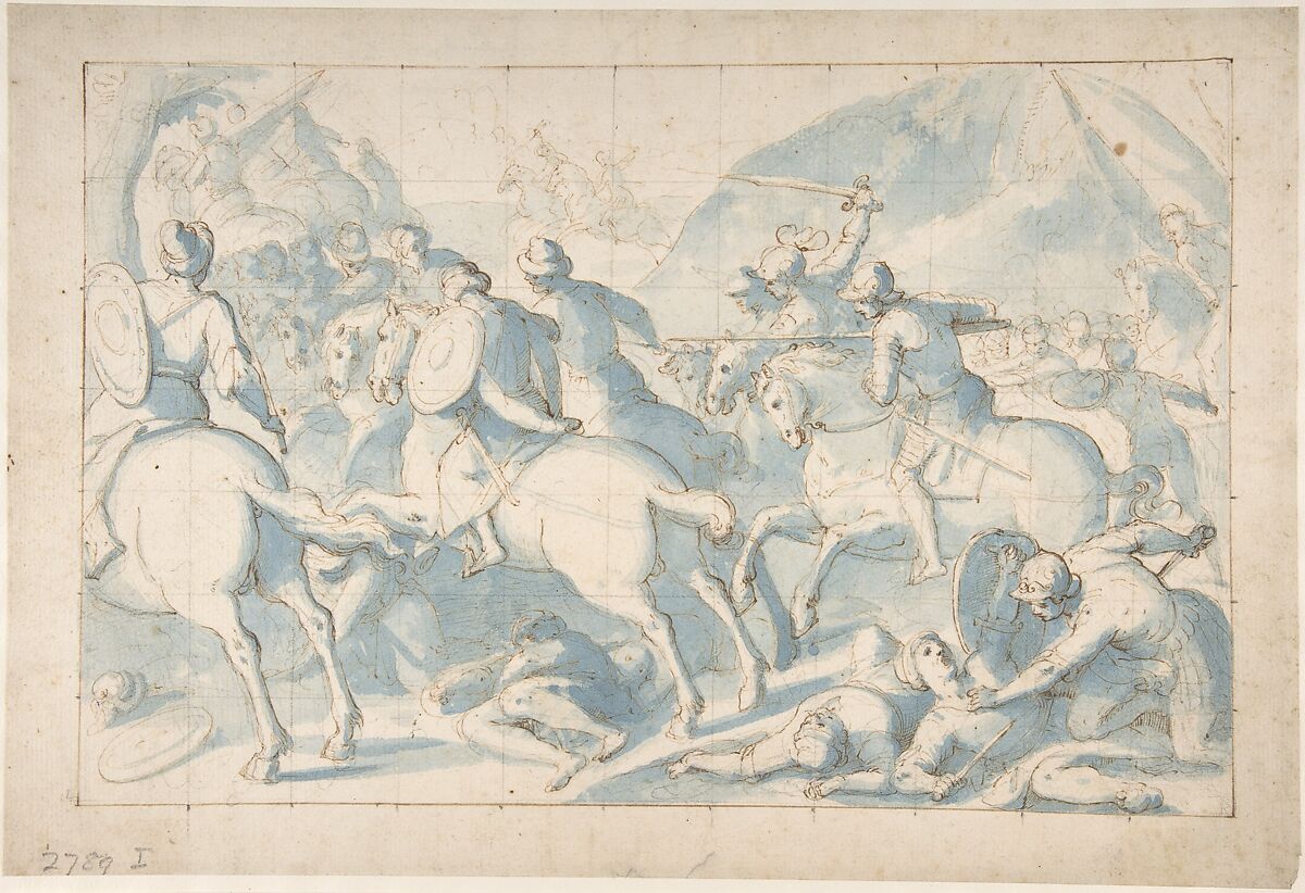Battle Scene, Belisario Corenzio (Italian (born Greece),  Achaea 1558–1646 Esperia, Lazio), Pen and brown ink, brush and blue wash, over black chalk. Squared in black chalk 