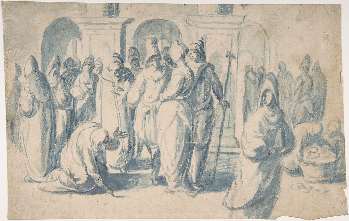 Christ and the Woman Taken in Adultery, attributed to Belisario Corenzio (Italian (born Greece),  Achaea 1558–1646 Esperia, Lazio), Brush and blue wash, over slignt traces of black chalk 