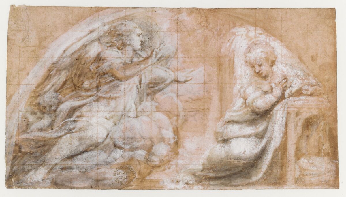 The Annunciation, Correggio (Antonio Allegri) (Italian, Correggio, active by 1514–died 1534 Correggio), Pen and brown ink, brush and gray-brown wash, highlighted with white gouache, squared in red chalk, on paper tinted with reddish wash