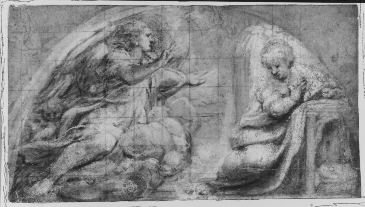 The Annunciation, Correggio (Antonio Allegri) (Italian, Correggio, active by 1514–died 1534 Correggio), Pen and brown ink, brush and gray-brown wash, highlighted with white gouache, squared in red chalk, on paper tinted with reddish wash