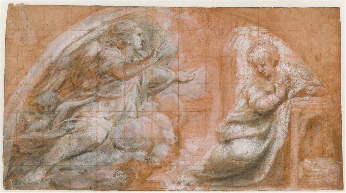 The Annunciation, Correggio (Antonio Allegri) (Italian, Correggio, active by 1514–died 1534 Correggio), Pen and brown ink, brush and gray-brown wash, highlighted with white gouache, squared in red chalk, on paper tinted with reddish wash