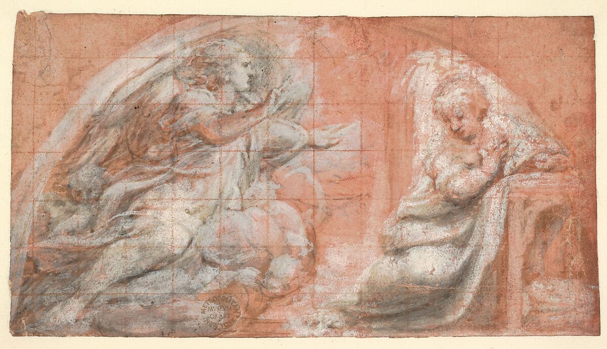 The Annunciation, Correggio (Antonio Allegri)  Italian, Pen and brown ink, brush and gray-brown wash, highlighted with white gouache, squared in red chalk, on paper tinted with reddish wash