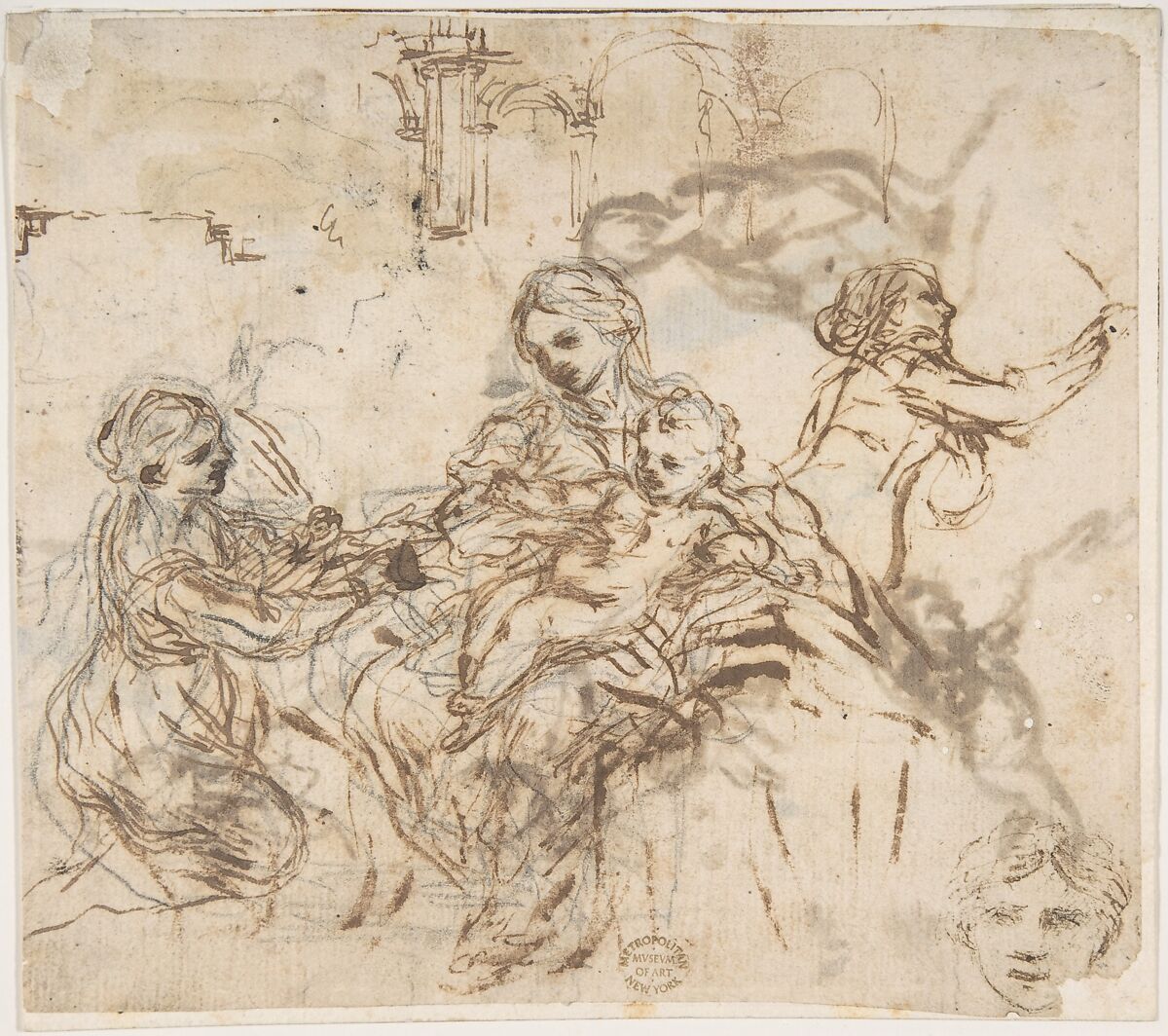 The Virgin and Child with Saint Martina, Another Study of Saint Martina, Studies of a Head, and of an Arcade (recto); Figure Studies (verso), Pietro da Cortona (Pietro Berrettini) (Italian, Cortona 1596–1669 Rome), Pen and brown ink, over black chalk 