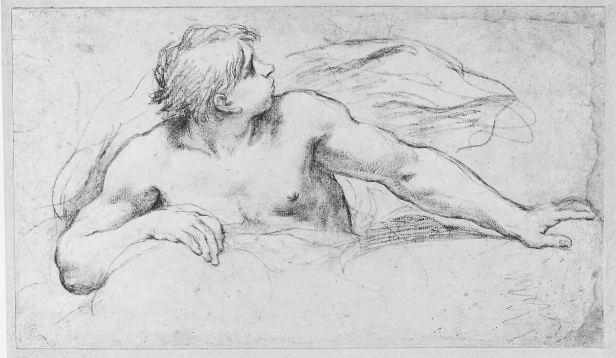 A Wind God, Pietro da Cortona (Pietro Berrettini) (Italian, Cortona 1596–1669 Rome), Black chalk, highlighted with white, on brownish paper