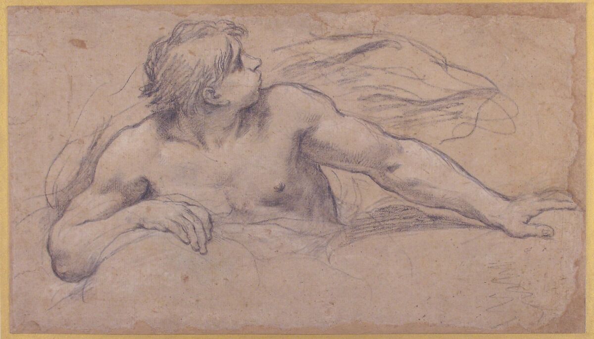A Wind God, Pietro da Cortona (Pietro Berrettini) (Italian, Cortona 1596–1669 Rome), Black chalk, highlighted with white, on brownish paper