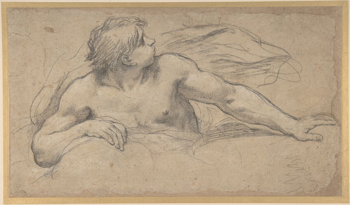 A Wind God, Pietro da Cortona (Pietro Berrettini) (Italian, Cortona 1596–1669 Rome), Black chalk, highlighted with white, on brownish paper 