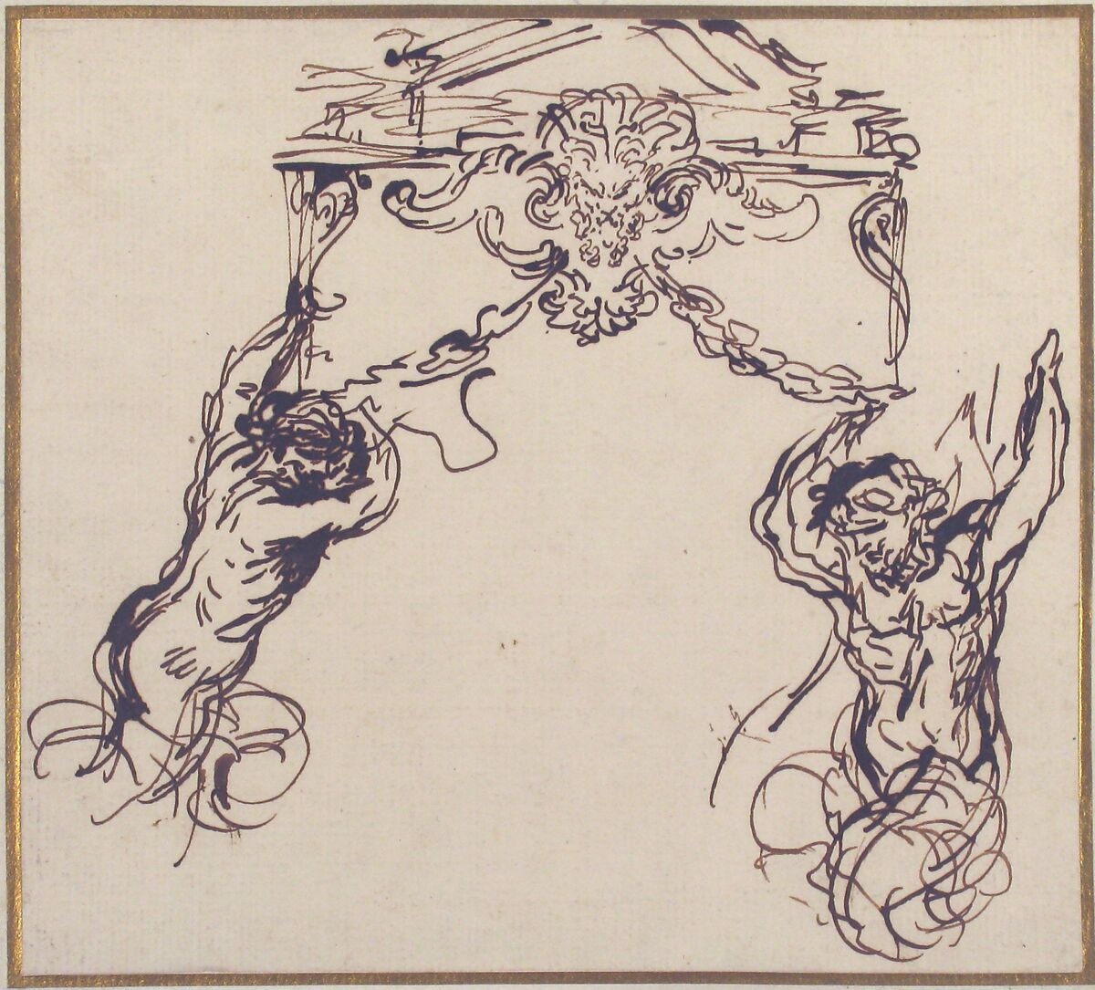 Satyrs Supporting an Ornamental Motif, Pietro da Cortona (Pietro Berrettini) (Italian, Cortona 1596–1669 Rome), Pen and brown ink