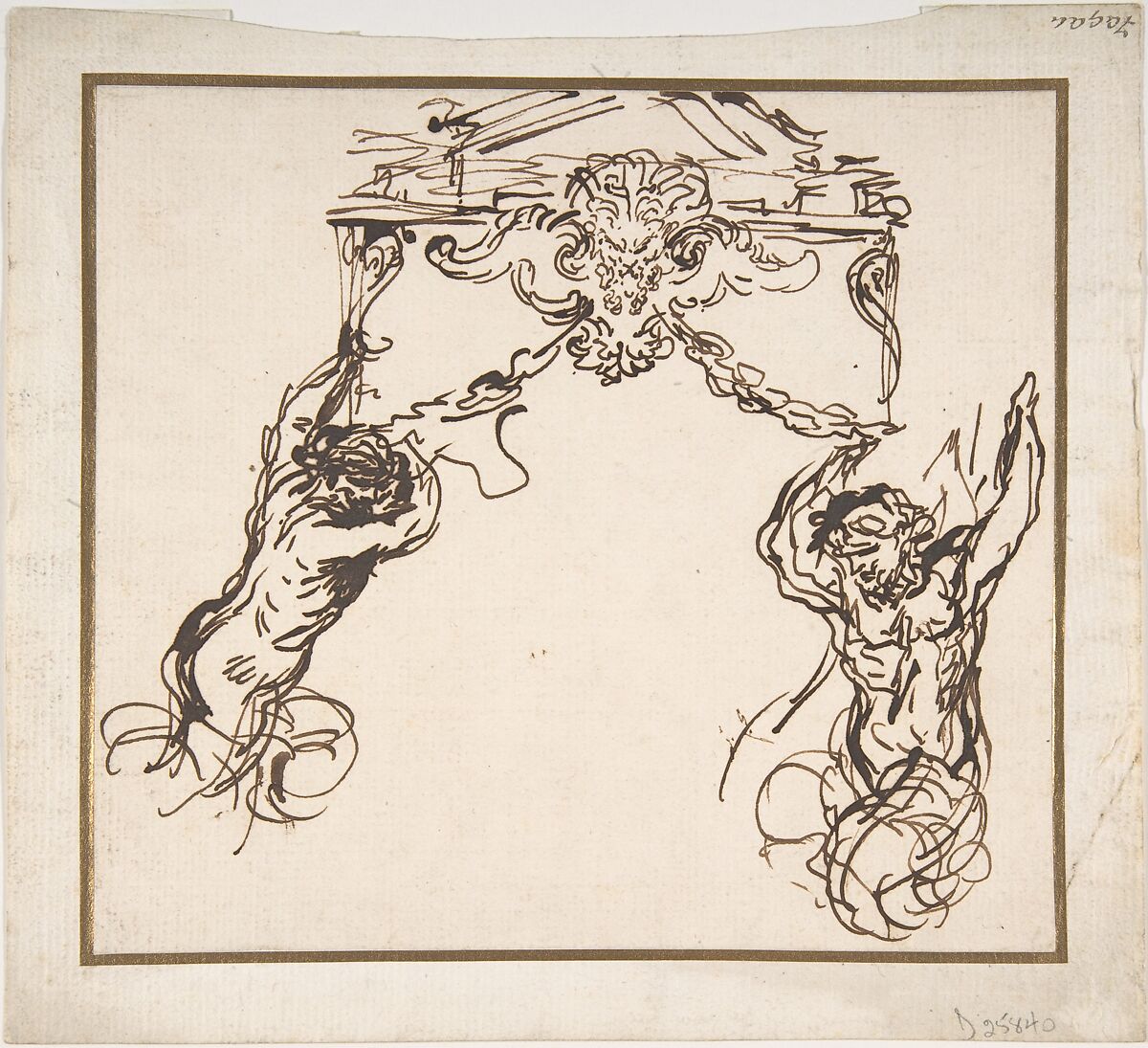 Satyrs Supporting an Ornamental Motif, Pietro da Cortona (Pietro Berrettini) (Italian, Cortona 1596–1669 Rome), Pen and brown ink 