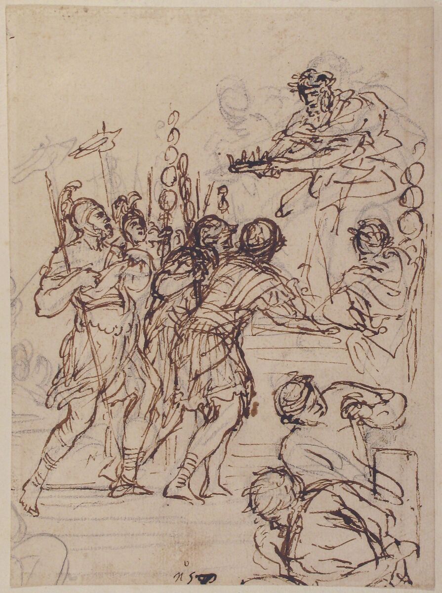 Study for the Age of Bronze, Pietro da Cortona (Pietro Berrettini) (Italian, Cortona 1596–1669 Rome), Pen and brown ink, over black chalk