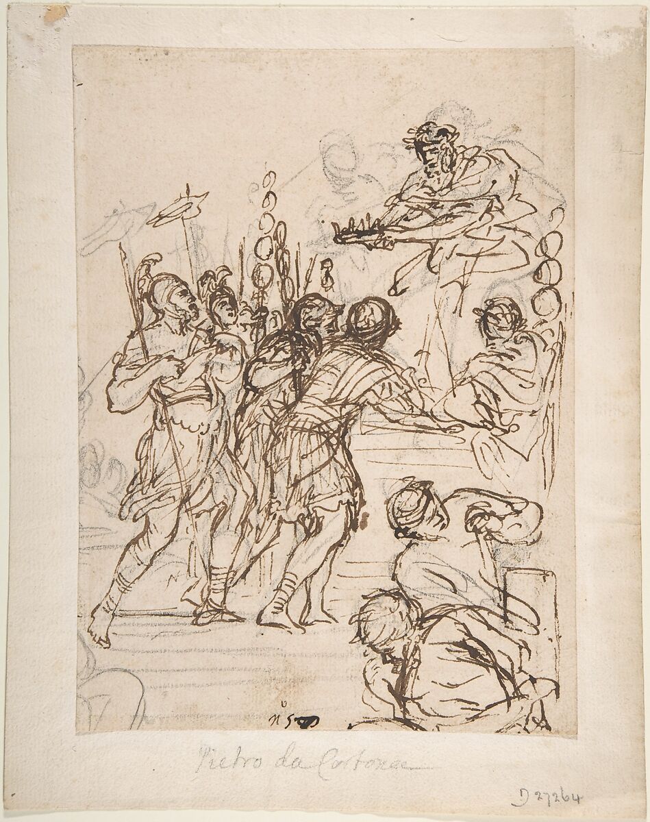 Study for the Age of Bronze, Pietro da Cortona (Pietro Berrettini) (Italian, Cortona 1596–1669 Rome), Pen and brown ink, over black chalk 