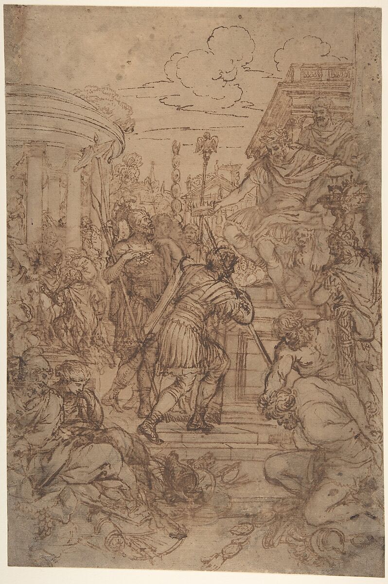 Study for the Age of Bronze, Pietro da Cortona (Pietro Berrettini) (Italian, Cortona 1596–1669 Rome), Pen and brown ink, brush and brown wash, over black chalk 