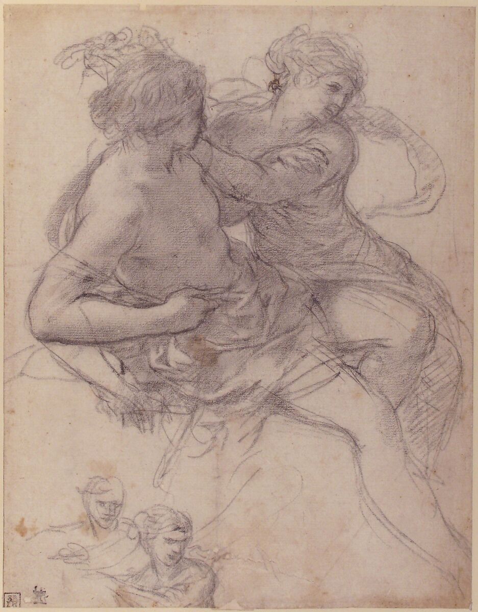 Study of Two Figures for the Age of Gold, Pietro da Cortona (Pietro Berrettini) (Italian, Cortona 1596–1669 Rome), Black chalk, slightly reworked by the artist with the wet tip of the chalk stick