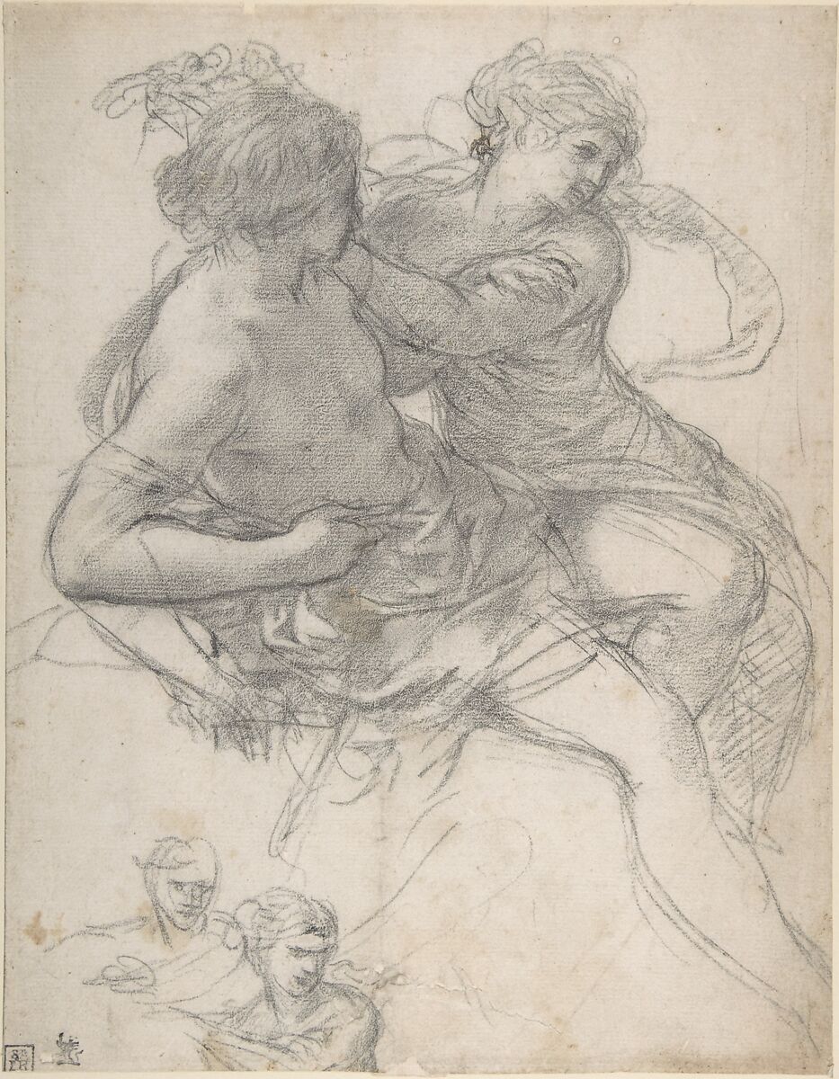 Study of Two Figures for the Age of Gold, Pietro da Cortona (Pietro Berrettini)  Italian, Black chalk, slightly reworked by the artist with the wet tip of the chalk stick