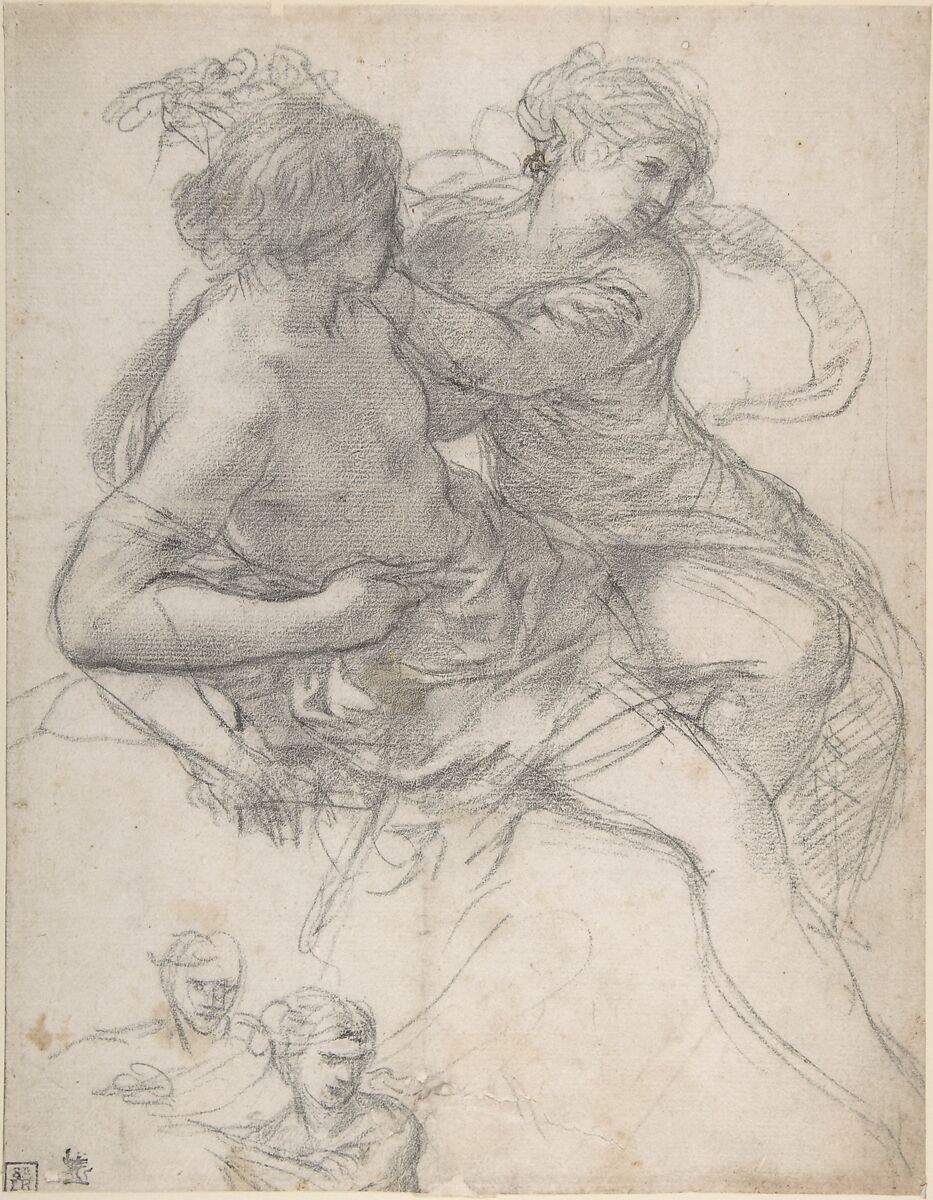 Study of Two Figures for the Age of Gold, Pietro da Cortona (Pietro Berrettini) (Italian, Cortona 1596–1669 Rome), Black chalk, slightly reworked by the artist with the wet tip of the chalk stick 