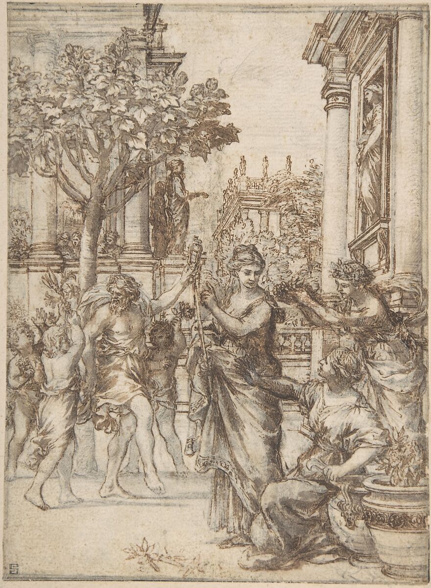 The Triumph of Nature Over Art (design for an engraving of 'De Florum Cultura'), Pietro da Cortona (Pietro Berrettini) (Italian, Cortona 1596–1669 Rome), Pen and brown ink, brush and brown wash, over black chalk 