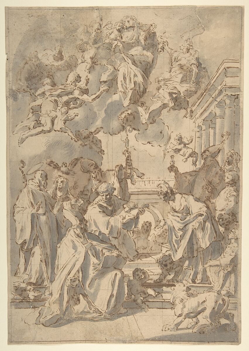 Virgin and Child in Glory with Angels and Saints, Anonymous, Italian, Venetian, 18th century, Pen and brown ink, brush with gray and brown wash, over traces of black chalk, on cream paper. Squared for transfer in black chalk 