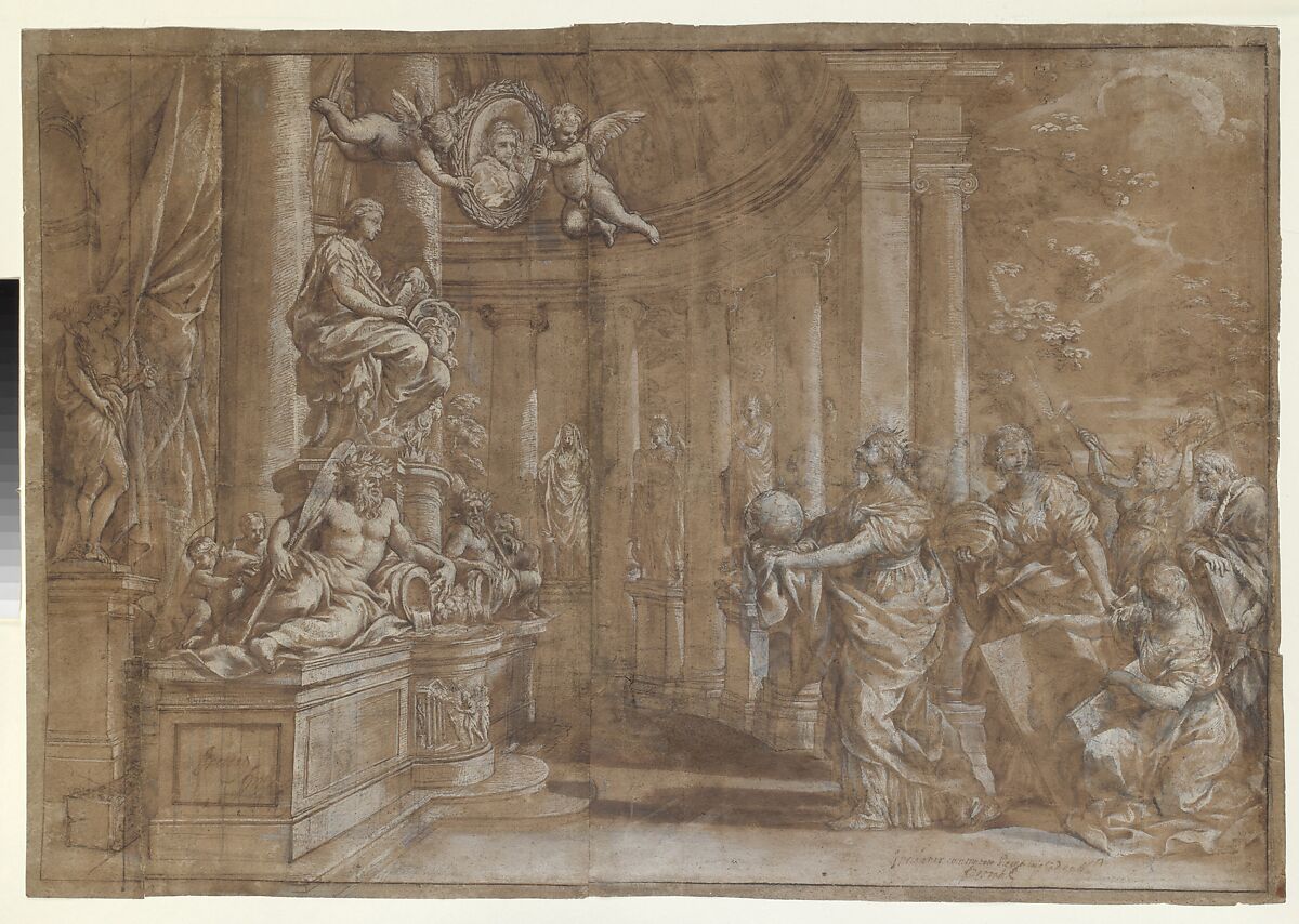 Design for a Thesis Print with an Allegory of Knowledge and Portrait of Cardinal Antonio Barberini the Younger (1607–1671), Pietro da Cortona (Pietro Berrettini)  Italian, Pen and brown ink, brush and brown wash, highlighted with white, over black chalk, on brown paper