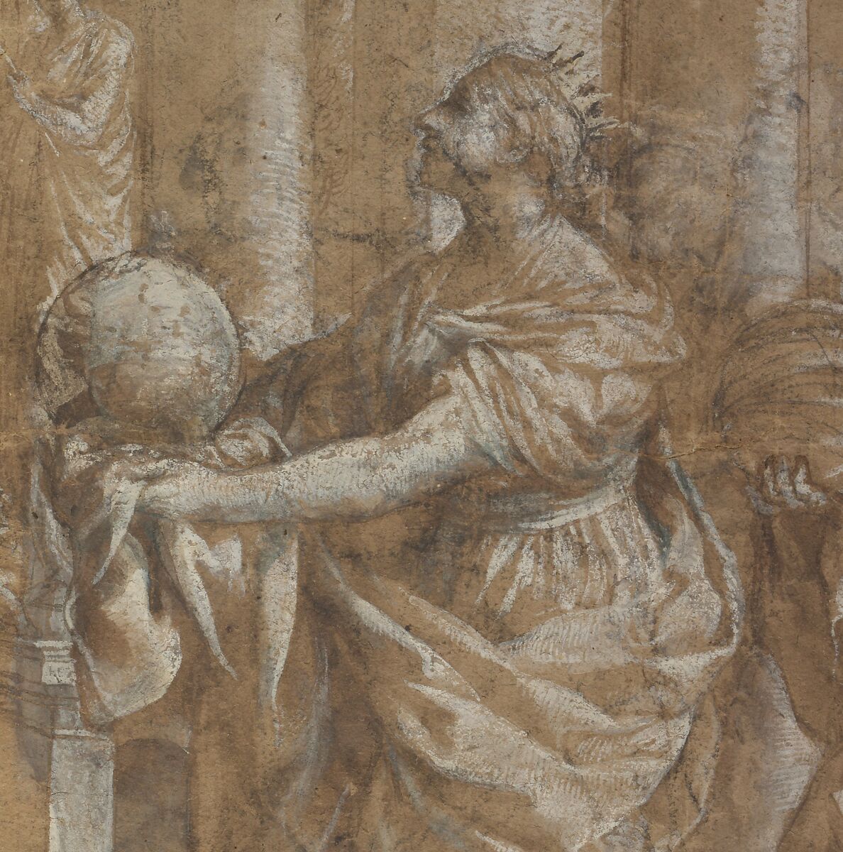 Design for a Thesis Print with an Allegory of Knowledge and Portrait of Cardinal Antonio Barberini the Younger (1607–1671), Pietro da Cortona (Pietro Berrettini) (Italian, Cortona 1596–1669 Rome), Pen and brown ink, brush and brown wash, highlighted with white, over black chalk, on brown paper