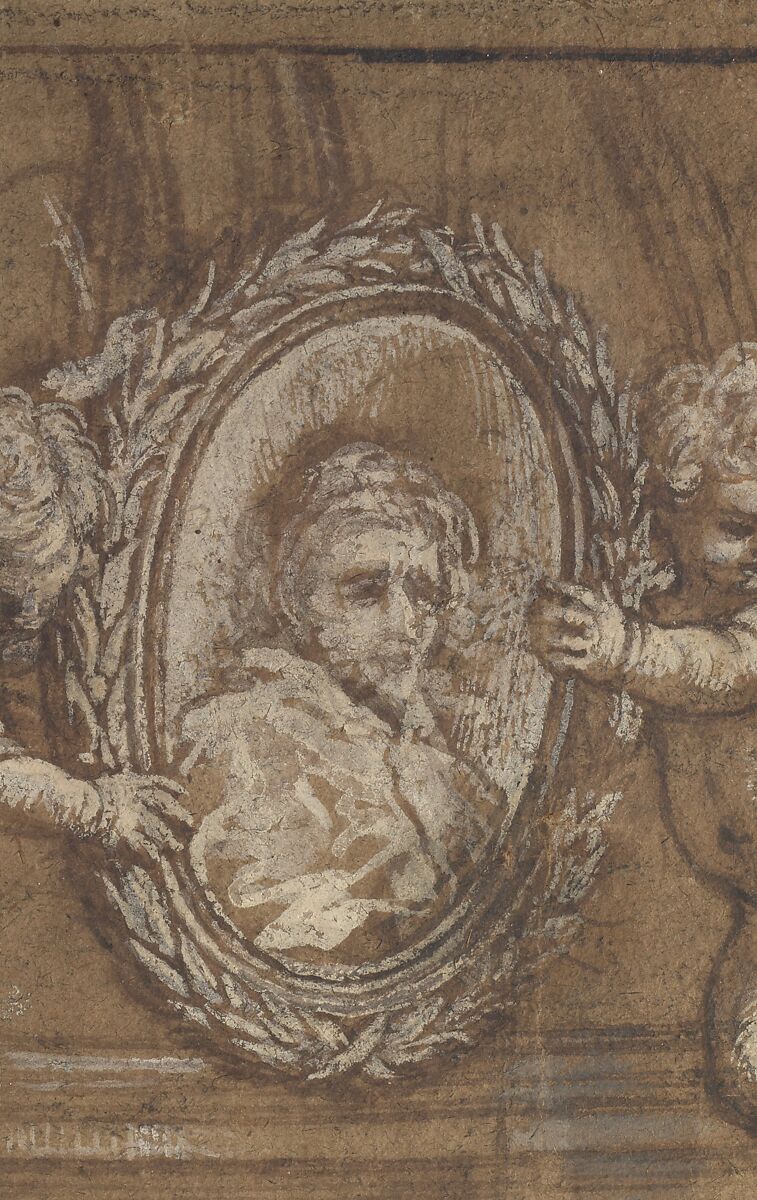 Design for a Thesis Print with an Allegory of Knowledge and Portrait of Cardinal Antonio Barberini the Younger (1607–1671), Pietro da Cortona (Pietro Berrettini) (Italian, Cortona 1596–1669 Rome), Pen and brown ink, brush and brown wash, highlighted with white, over black chalk, on brown paper